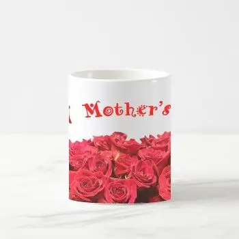 Anyák napi bögre piros rózsákkal és a „Mother’s” felirattal