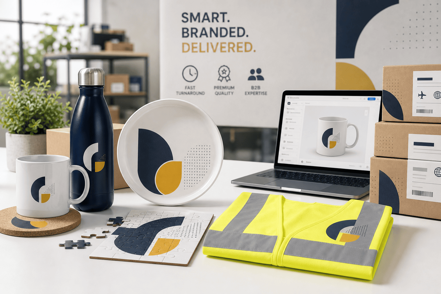Markierte Werbeartikel: Tasse, Flasche, Teller, Laptop-Muster, Verpackung