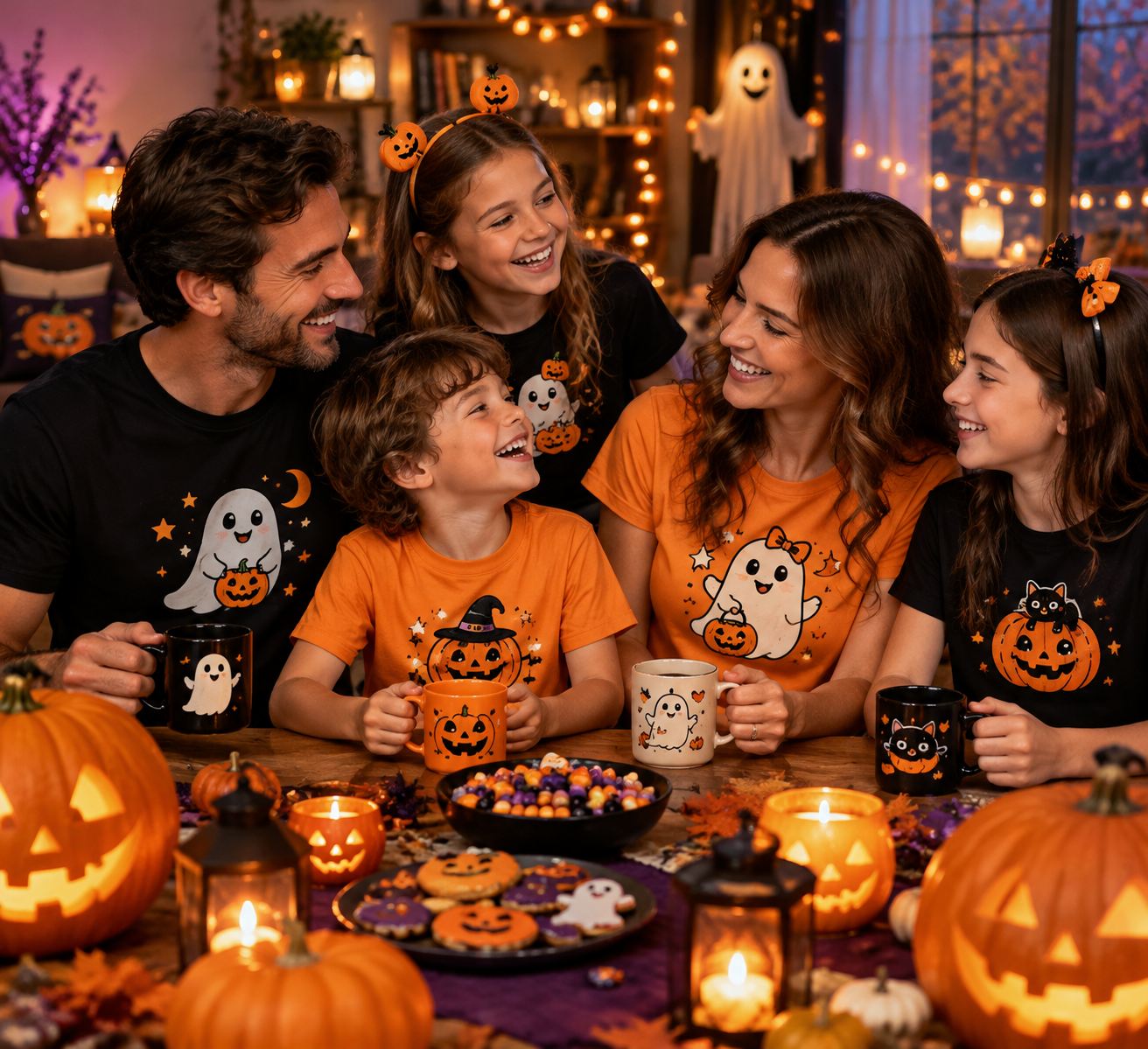 Ötfős Család Halloween Díszekkel, Töklámpásokkal És Édességekkel Terített | Alkossegyedit - Egyedi Fényképes Termékek Ötfős Család Halloween Díszekkel, Töklámpásokkal És Édességekkel Terített