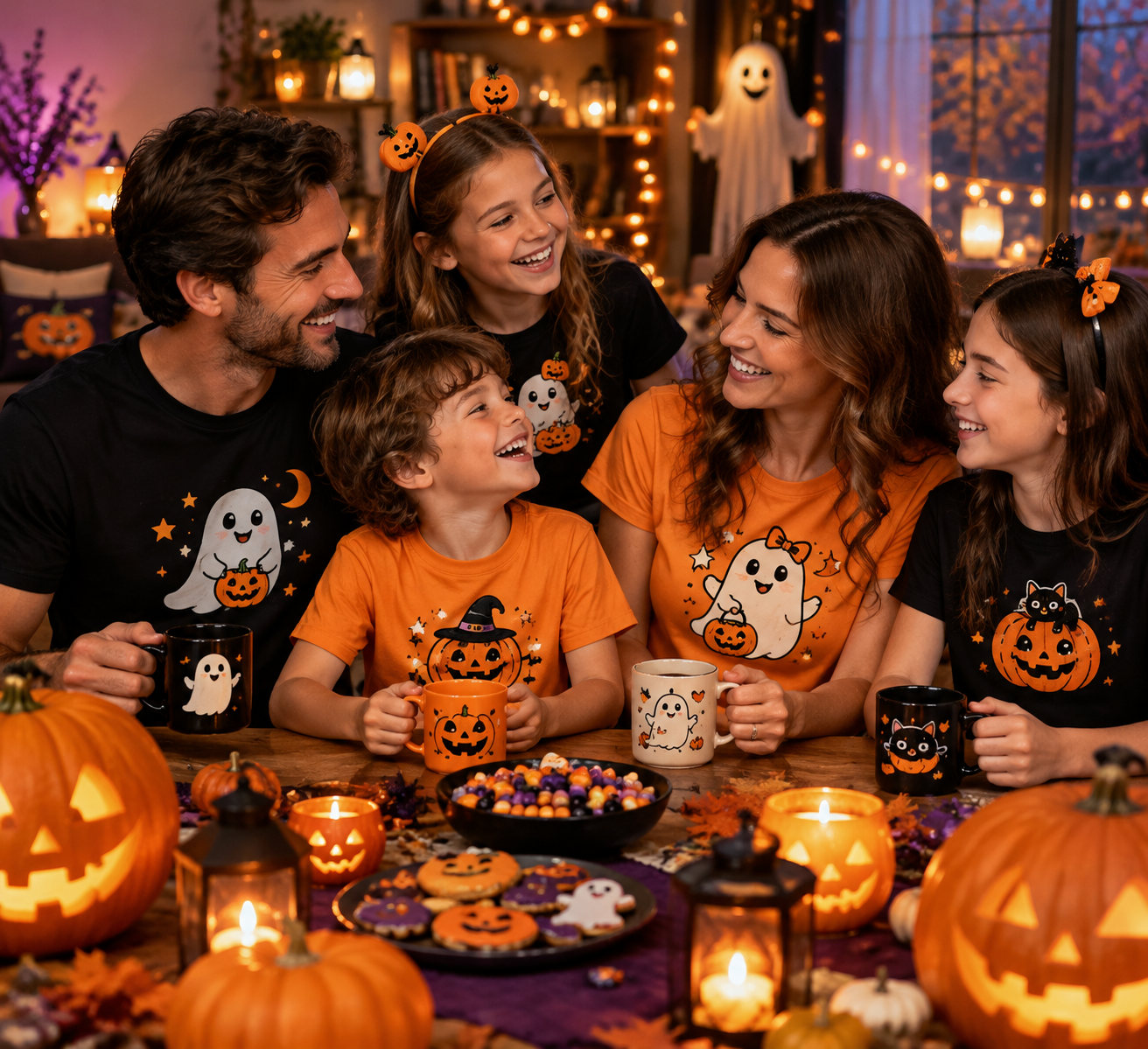 Ötfős Család Halloween Díszekkel, Töklámpásokkal és édességekkel Terített